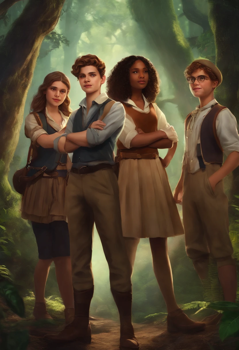 Portrait of a group of young people in high school uniforms exploring a magical forest, Young people are hybrids of magical creatures.title: "Academia Arcana: The Magical Creatures Boarding School" 1. The protagonist is a young fairy named Lila, que sempre foi curiosa sobre o mundo humano e anseia por descobrir seus segredos. Ao ingressar na Academia Arcana, Lila befriends a diverse group of non-human students, each with unique magical abilities. 2. During a class on the Magic Forest, Lila e seus amigos encontram um portal escondido, taking them to an unknown part of the magical world. There, They discover an ancient prophecy that says only they can save the kingdom from a great threat. 3. O romance se desenvolve entre Lila e um jovem lobisomem chamado Ethan. No entanto, suas diferentes origens criam um conflito entre eles, for many believe that the union between fairies and werewolves is forbidden. 4. Durante as aulas, Students learn to control and hone their specific magical skills. Ademais, They also have lessons on how to adapt to the human world and blend in with humans without revealing their true identity. 5. The competition between the different races is fierce, levando a intrigas e rivalidades entre os alunos. A group of orc students try to sabotage the other races