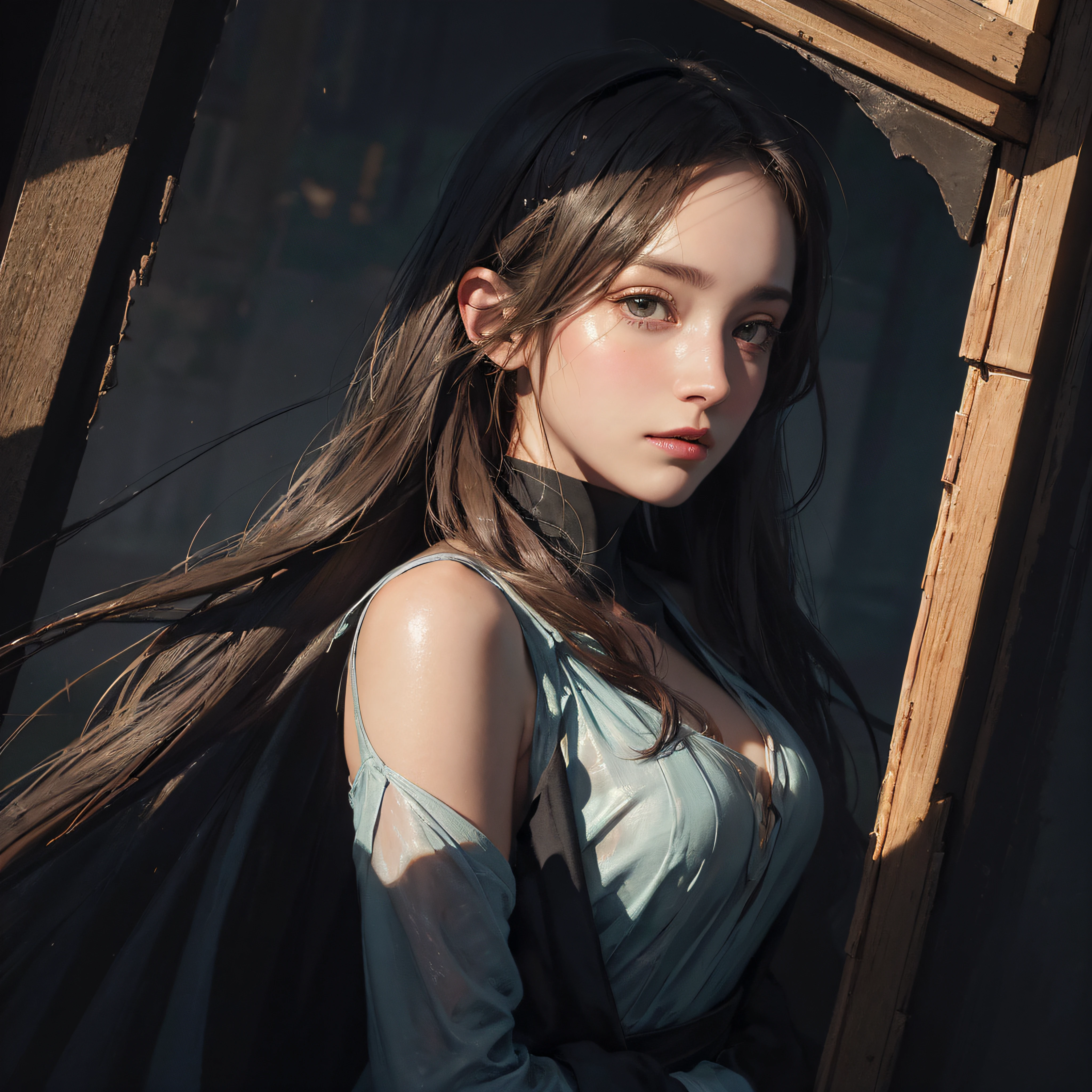 (front focus), (in the dark:1.6), Hyperrealist portrait of female by david hockney and alphonse mucha, fantasy art, photo realistic, dynamic lighting, artstation, poster, volumetric lighting, very detailed faces, 4 k, award winning, 1girl, in the center of city, ray tracing, deep shadow, low key, cowboy shot, black hijab.