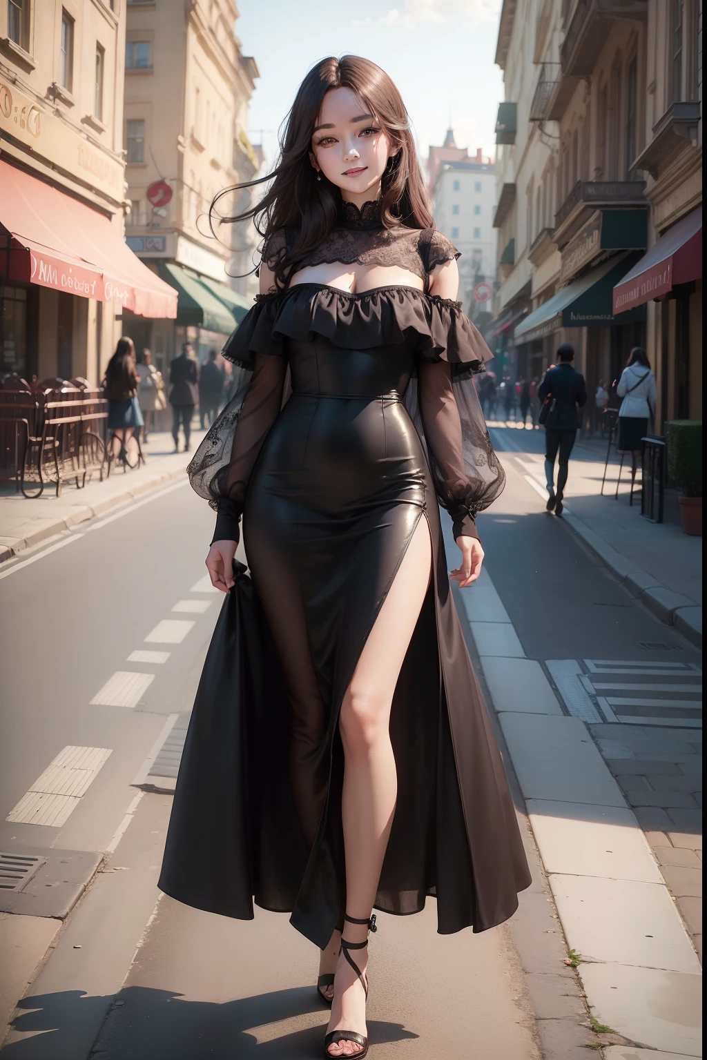 ((Best quality, 8k, Masterpiece :1.3)), 1girl, smiling, full body, slim face, Pretty woman, (Dark brown hair), full length dress :1.1, Ultra-detailed face, Detailed eyes, Double eyelid, blur background, slim face, city, outside, street,