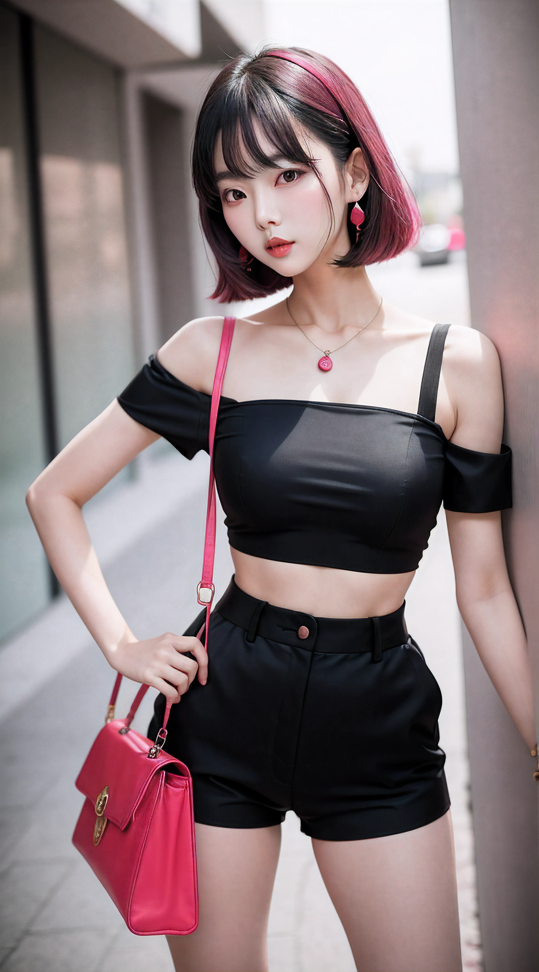 araffe woman in a pink top and black shorts posing for a picture, dressed with long fluent clothes, korean women's fashion model, ulzzang, korean girl, black and red silk clothing, pink and black, gorgeous young korean woman, beautiful south korean woman, girl in a suit, wearing black camisole outfit, pink and red color style