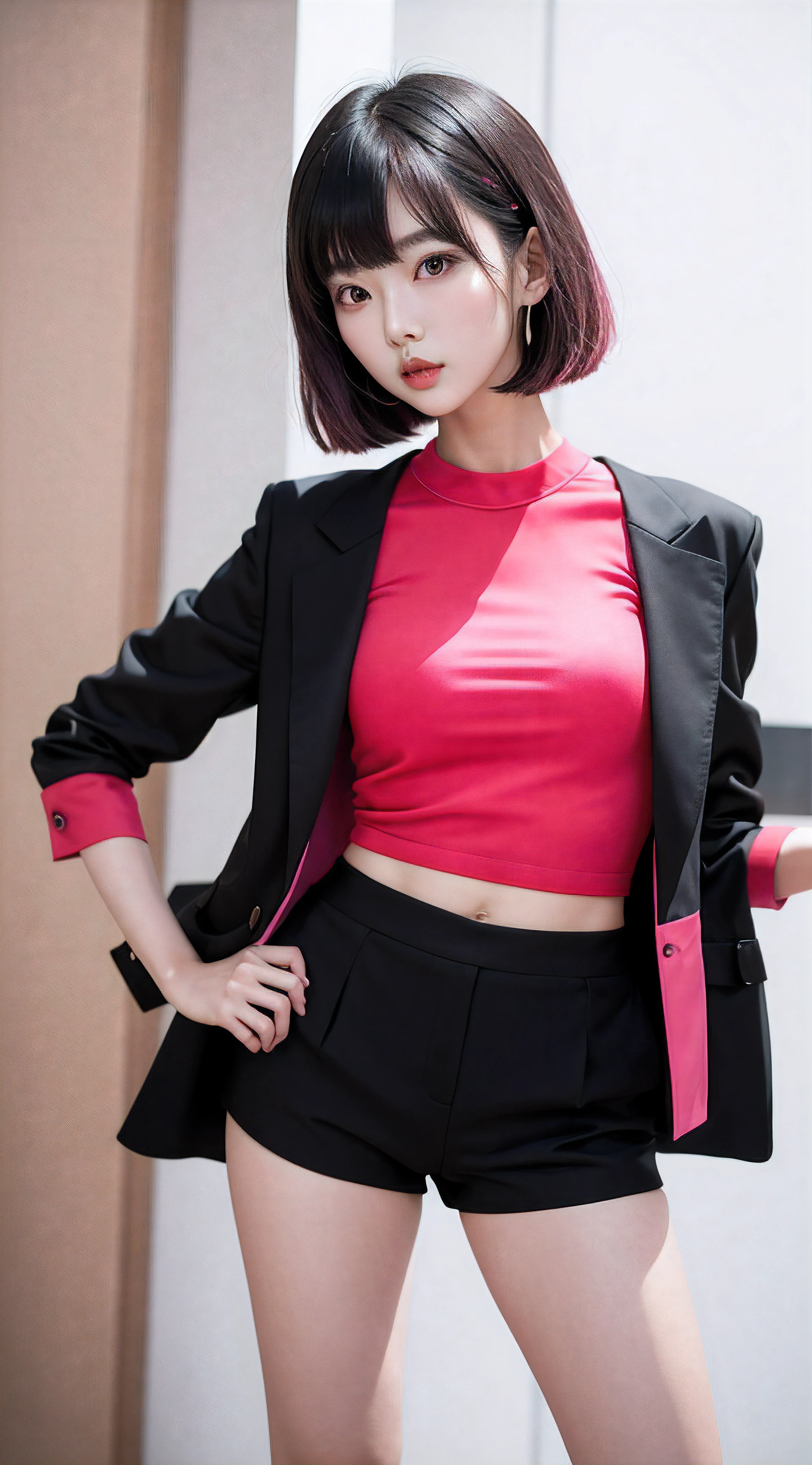 araffe woman in a pink top and black shorts posing for a picture, dressed with long fluent clothes, korean women's fashion model, ulzzang, korean girl, black and red silk clothing, pink and black, gorgeous young korean woman, beautiful south korean woman, girl in a suit, wearing black camisole outfit, pink and red color style