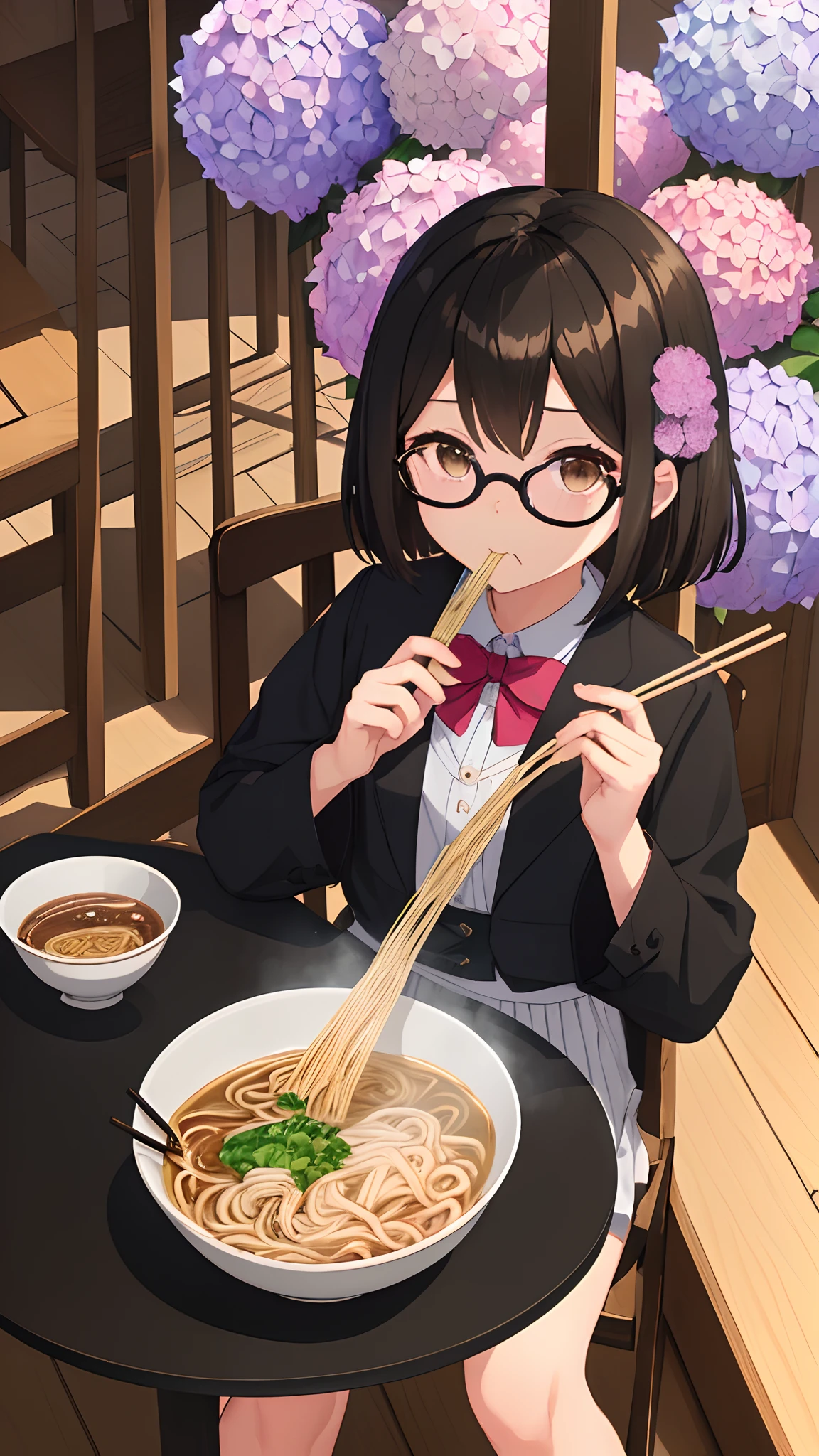 (masutepiece, Best Quality, Capture super cute moments, depth of fields, ultra-detailliert, Ultra High Resolution, C4D, Octadale, 3D Modeling, 8K, 16 K, one girls、a junior high school student、A dark-haired、short-hair、straight haired、Light brown eyes,Hydrangea hair ornament、wearing black glasses、Cute face)、resturant、sit a chair、Ramen、eating noodles、Chopsticks