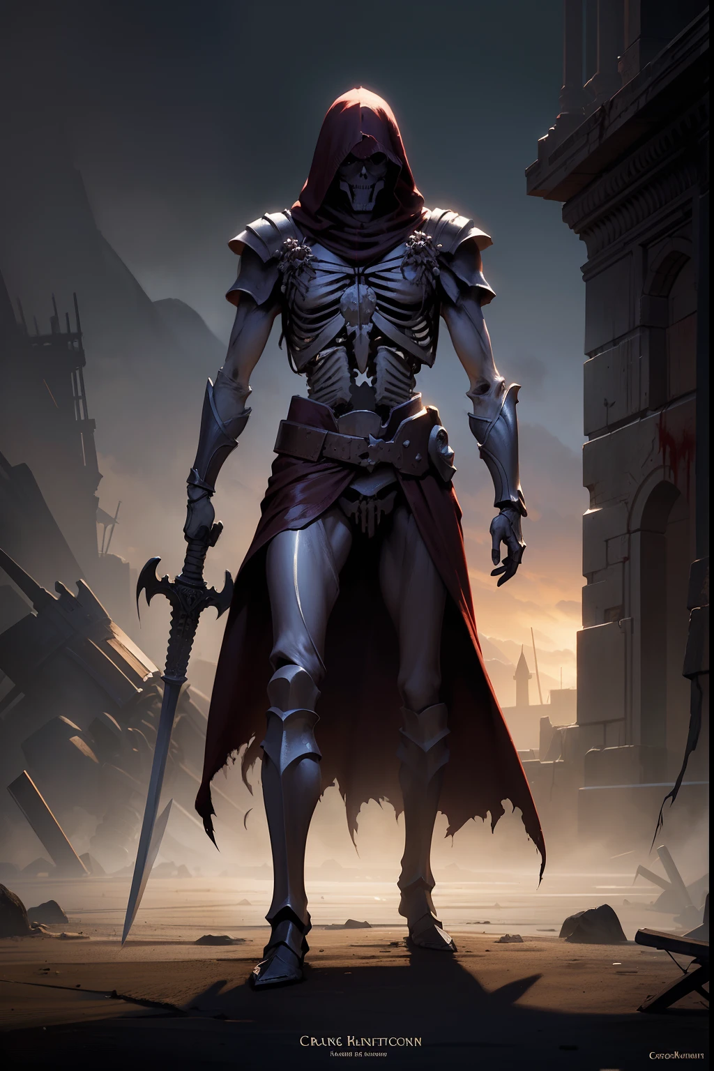 dark fantasy, (accurate human skeleton warrior:1.2), broken dark brown cloak, broken armor, holding blood sword, hold a steel round shield, by Craig Mullins with by Greg Rutkowski,