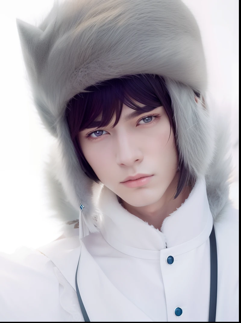 European prince in fur hat、Hair is black、Eyes are like sapphires、Beautiful young man wearing white shirt