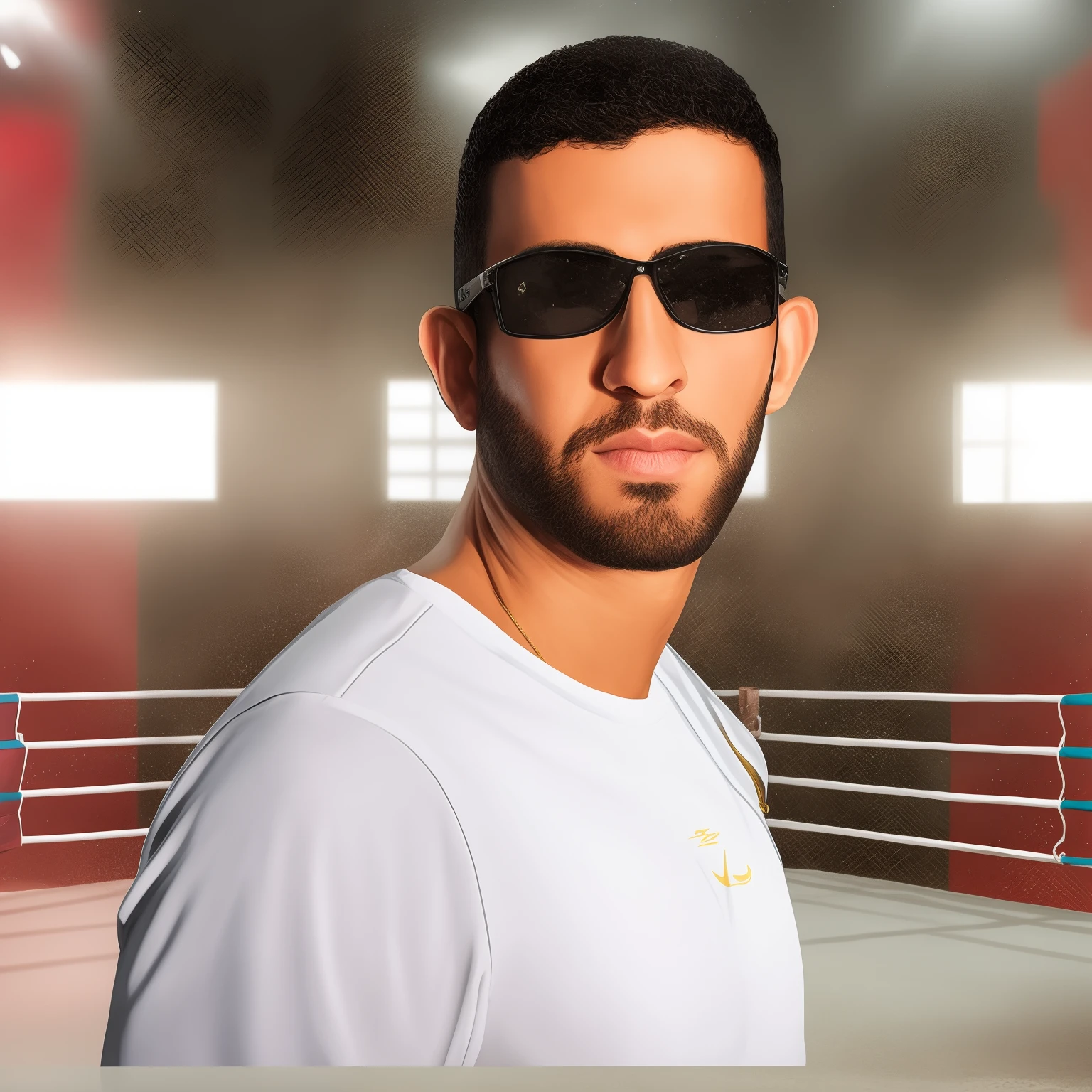 There's a man wearing sunglasses and a white shirt in a boxing ring, Amr Elshamy, Sam Nassour, Gal Yosef, Ahmad Merheb, inspirado em Volkan Baga, Aves de Darnov, Beksinsky, Mohamed Chahin, Condutor de Ene, oficial, Farid Ghanbari, contra fundo escuro, Riyahd Cassiem