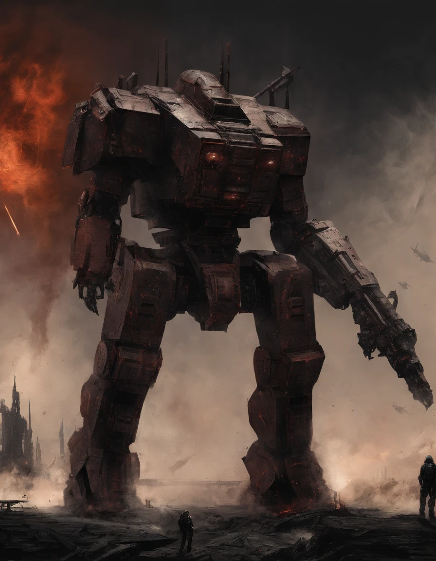battletech style giant [ robot : full plate armor knight : 0.5 ] ), (crimson blood color and gold vivid colors:1.5), background: spacious spaceship hangar, dramatic fire and smoke, (masterpiece), sci-fi art