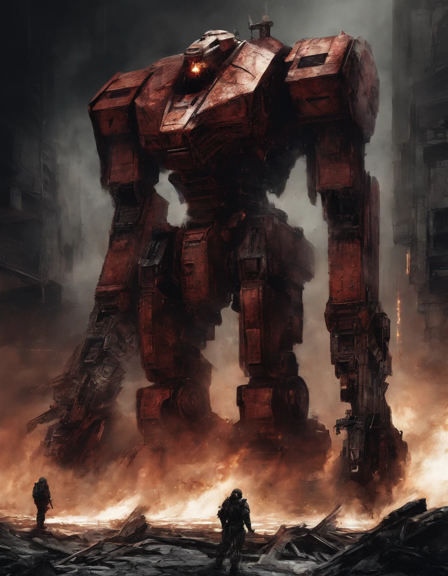 battletech style giant [ robot : full plate armor knight : 0.5 ] ), (crimson blood color and gold vivid colors:1.5), background: spacious spaceship hangar, dramatic fire and smoke, (masterpiece), sci-fi art