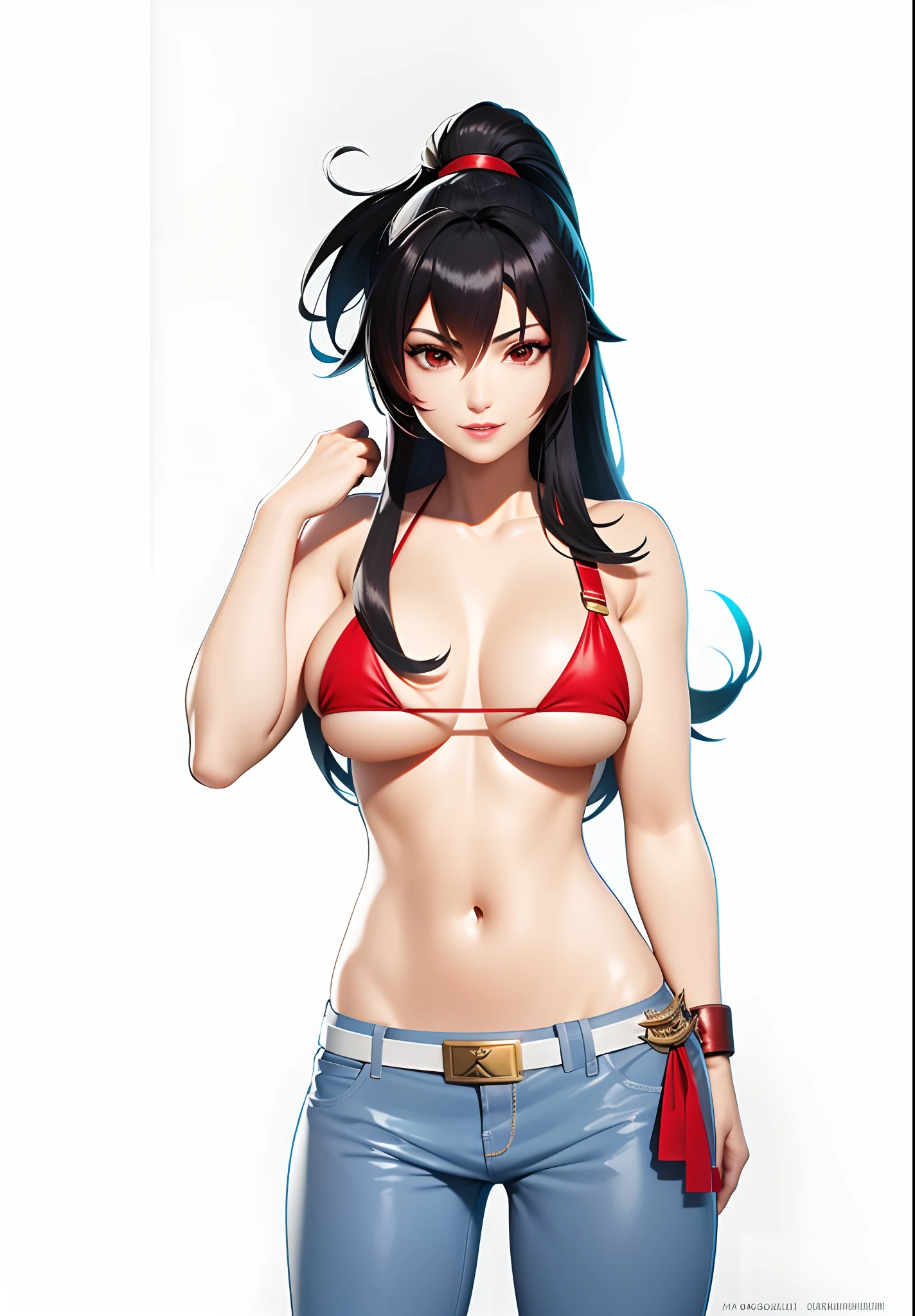 A woman with long hair and a bikini top holds a sword, mai shiranui, kunoichi, ff Tifa, fighting game character, 《king of fighter》role, fox nobushi, Tifa Lockhart, Akali, Katana Zero video game character, portrait of tifa lockhart, tifa lockheart, female anime character, Charming Tifa Lockheart