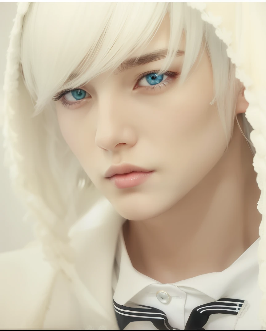 White hair、Emerald Eyes、Lips are pink、Beautiful skin like porcelain、Nordic style beautiful boy