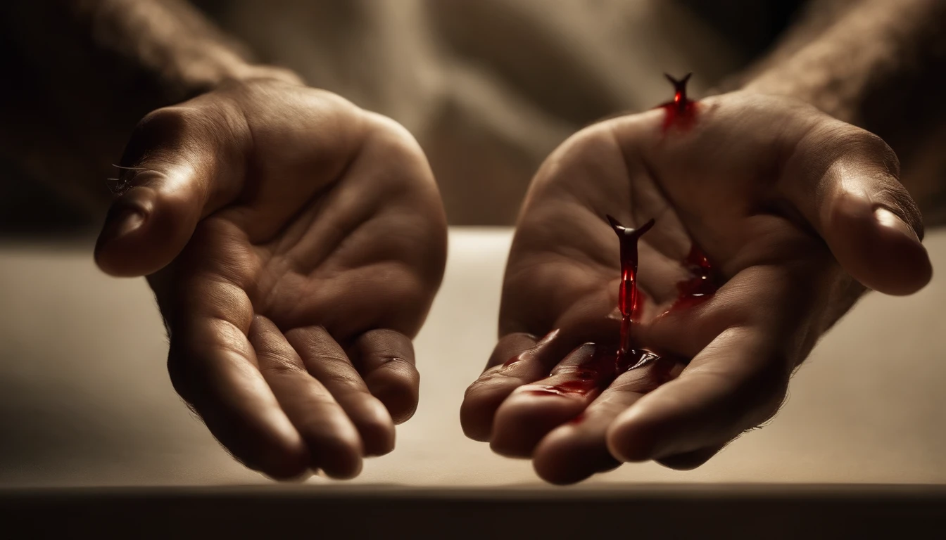 Imagine two male hands with nail signs in Jesus' hands with blood and a resplendent light