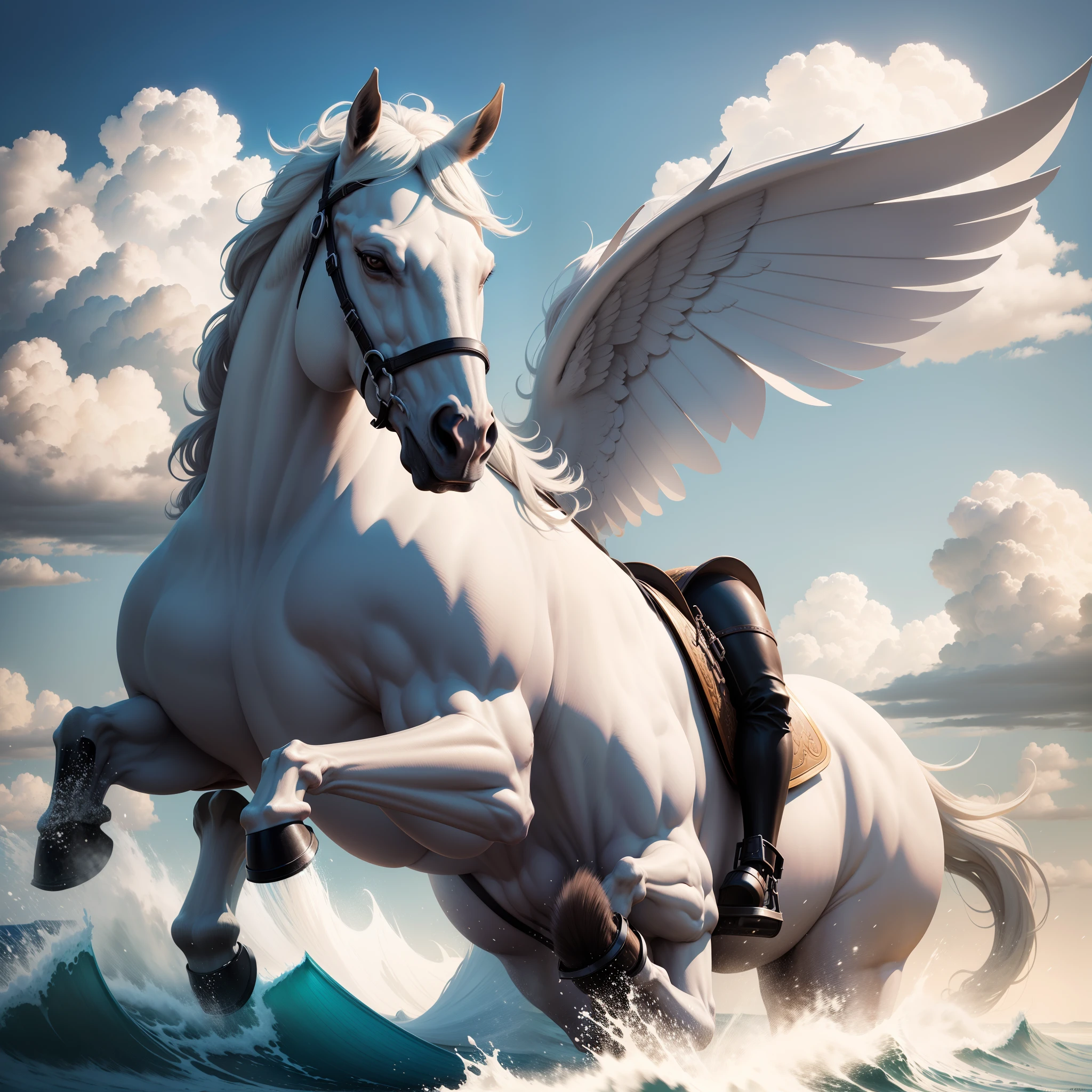 cavalo pegasus, branco, de asas grandes, voando sobre uma cidade futurista