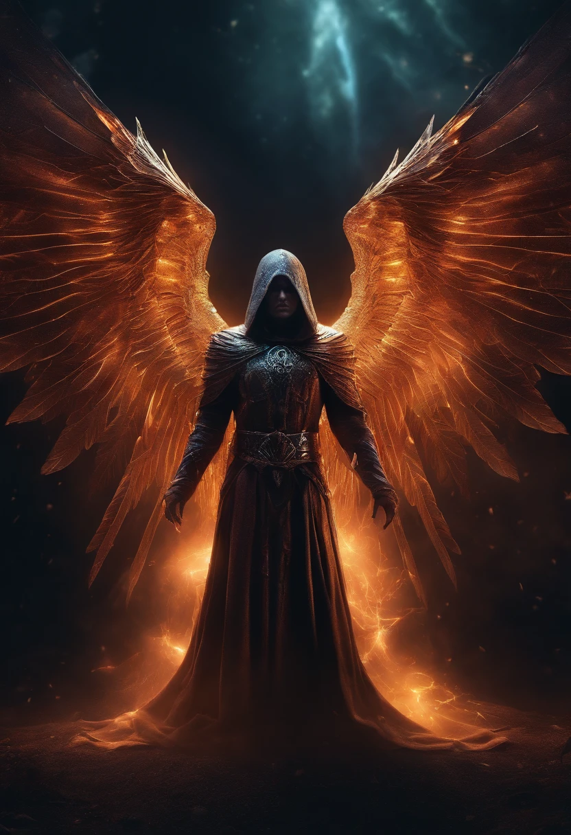Cosmic Fallen Angel, glowing light eyes, Biomechanical, eerie, Creepy, nightmarish, Very bright colors, Light particles, with light glowing, Mshiff, wallpaper art, UHD wallpaper, anakil skywalker, 15 years, medieval clothes