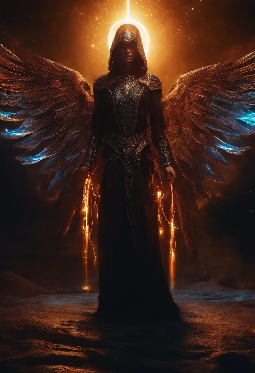 Cosmic Fallen Angel, glowing light eyes, Biomechanical, eerie, Creepy, nightmarish, Very bright colors, Light particles, with light glowing, Mshiff, wallpaper art, UHD wallpaper, anakil skywalker, 15 years, medieval clothes
