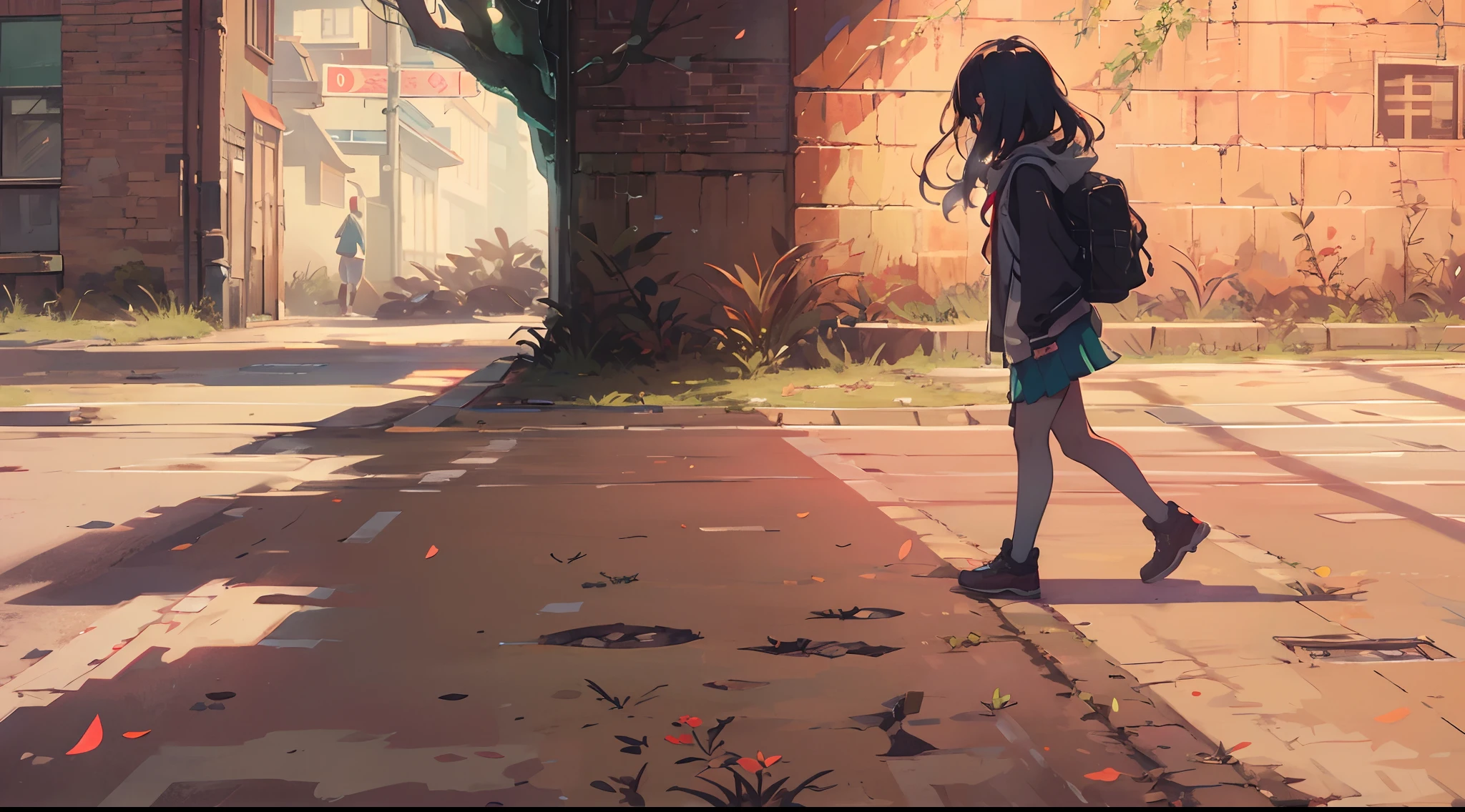 Emily, Shy teenage girl, Walking alone from school late in the day. Photograph: A little girl with a backpack walks do wn a deserted street, The sunset casts a long shadow beh ind it.Emily's heart beats in her chest., And it feels like an observer... Photograph: Emily looks over her shoulder, Her eyes are wide from fear, As if she senses a presence behi nd her.At night.A dimly lit street with flickering streetlights, the elongated shadows creating an eerie atmosphere.deserted street, long shadows.streetlights start to flicker.Tree branches swaying violently, leaves rustling in the wind, creating an unsettling sound.At night.Emily's head turning sharply, her gaze darting from side to side, searching for any sign of danger.