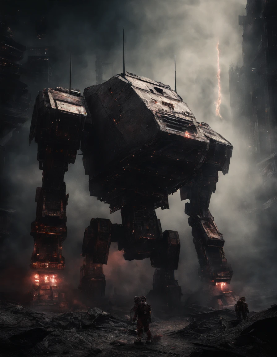 photo, aerial view, battletech style giant [ robot : full plate armor knight : 0.5 ] ), rounded shapes, (crimson blood color and gold vivid colors:1.5), chromed metal, background: spacious spaceship hangar, dramatic fire and smoke, (masterpiece), sci-fi art
