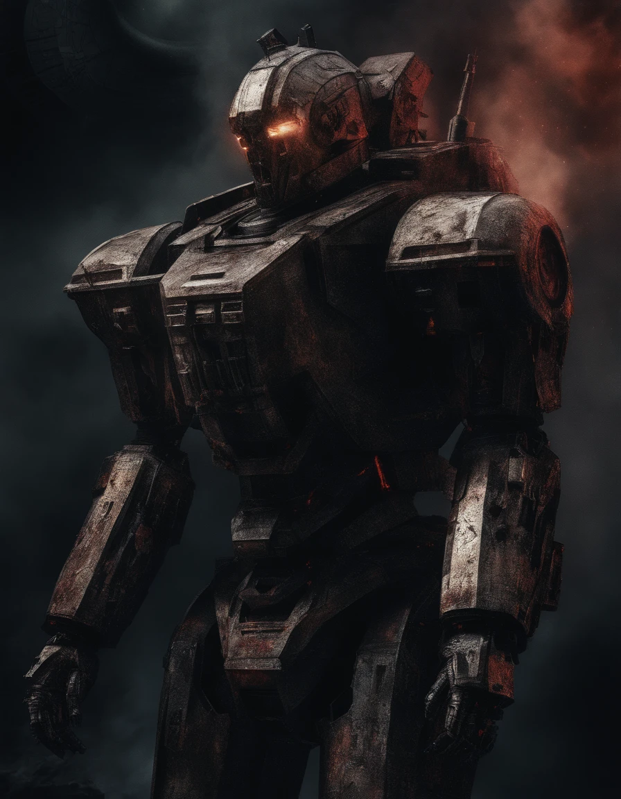 photo, aerial view, battletech style giant [ robot : full plate armor knight : 0.5 ] ), rounded shapes, (crimson blood color and gold vivid colors:1.5), chromed metal, background: spacious spaceship hangar, dramatic fire and smoke, (masterpiece), sci-fi art