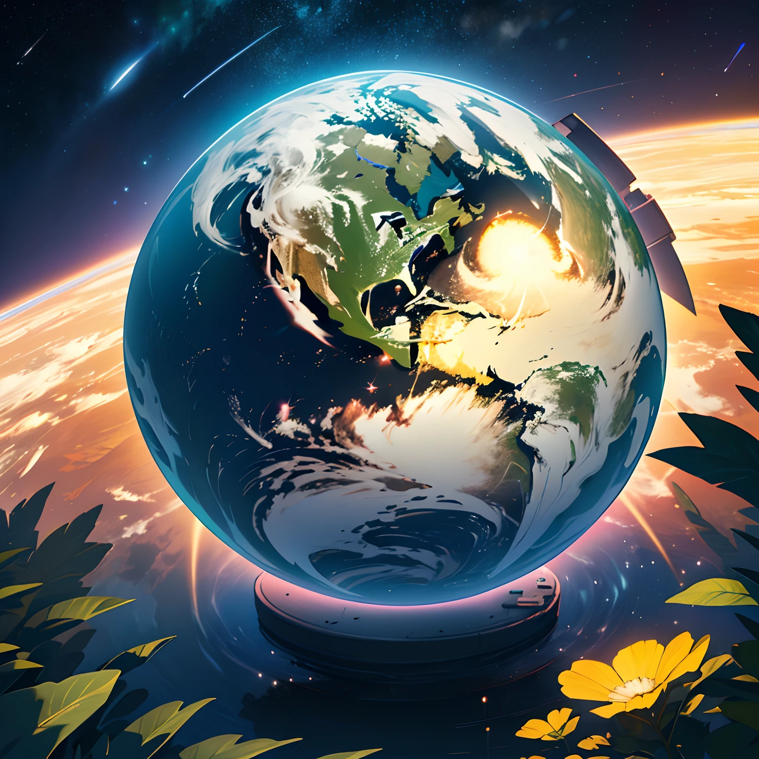 (Best Quality, Masterpiece), A Huge Planet, Beautiful Earth, ((No Humans)) (Magical, Fascinating, Beautiful Planet), (Living, Plants, Green), (Bright Stars), (Ultra Detail, Dynamic Camera), (Wide Angle), (Celestial Illumination), (Vivid Colors and Saturation)