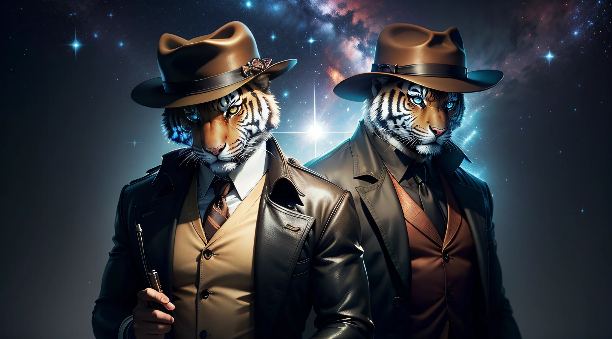 Create an engaging and intriguing illustration featuring a detective tiger as the central character. The tiger should be depicted as a sharp, intelligent, and sophisticated detective, wearing a classic trench coat, fedora hat, and holding a magnifying glass. Place the detective tiger in a captivating setting that evokes both mystery and exploration. The background could incorporate elements symbolizing the journey of immortality, such as a cosmic backdrop with stars and galaxies to signify the timeless nature of the quest. Surround the detective tiger with subtle visual cues that represent time and eternity, like hourglasses, clocks, or ancient scrolls.