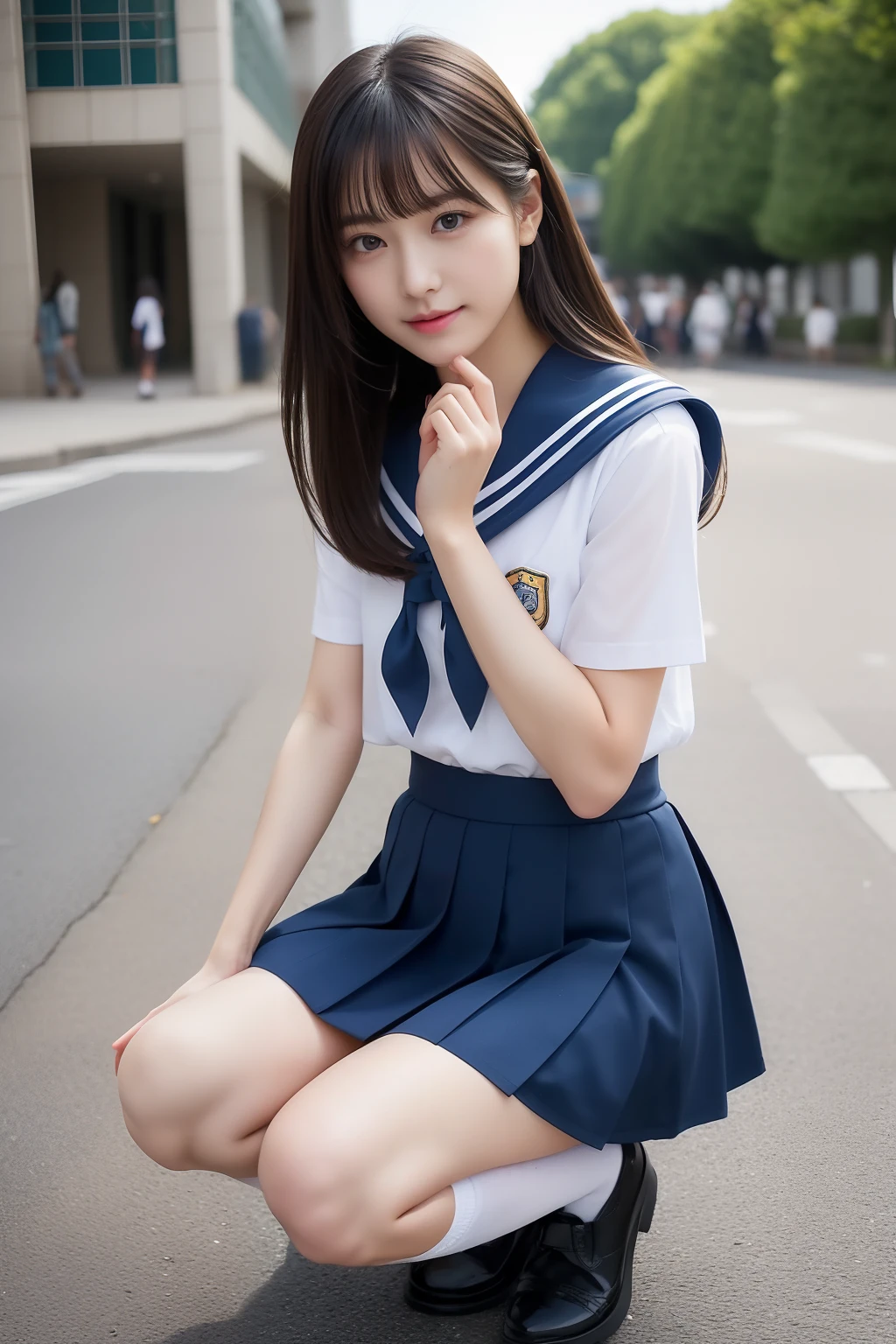 surrealistic、top-quality、 超A high resolution、Nikon Z 85mm、({(Raw foto:1.2)})natural soft light、profetional lighting、
realisitic、Super live-action、Photorealsitic、The crotch is visible、{front-facing view、Angle from below}
({{Hands are out of the angle of view}})(I can't see my fingers)portlate、Cute high school girl、School Uniforms mini Skirt、Cute sailor suit、Sailor suit skirt、Dark blue skirt、
both legs are bent、Toes are on the ground、The legs are spread in an M shape,、I can see my panties.、Delicate thighs visible from the front、
Japan schoolgirl uniform、White panties visible from uniform miniskirt、(Panchira)School Uniforms mini Skirt、Perfect raw legs、delicate legs、
perfectly proportions、A sexy、Chest visible、
Squatting deep in the city、Show me your pants around town、
ulzzang -6500-v1.1, Well-formed face、perfectly proportions、Well-formed fingertips、
Cute high school girl、 Beautiful face in every detail、Realistic human skin、Provocative facial expressions、Semi-long、smooth hair、de pele branca、light skinned、 (hyperdetailed face、(very detailed lips、{round and detailed eyes}二重まぶた、Moist eyes、{Very delicate eyebrows})) (Strong-minded、(childish、pure、Attractive woman、charmed、glamor、Victory、Cheeky、glad、kawaii、Good aroma、))、pantiy、Panchira、I can see the pants