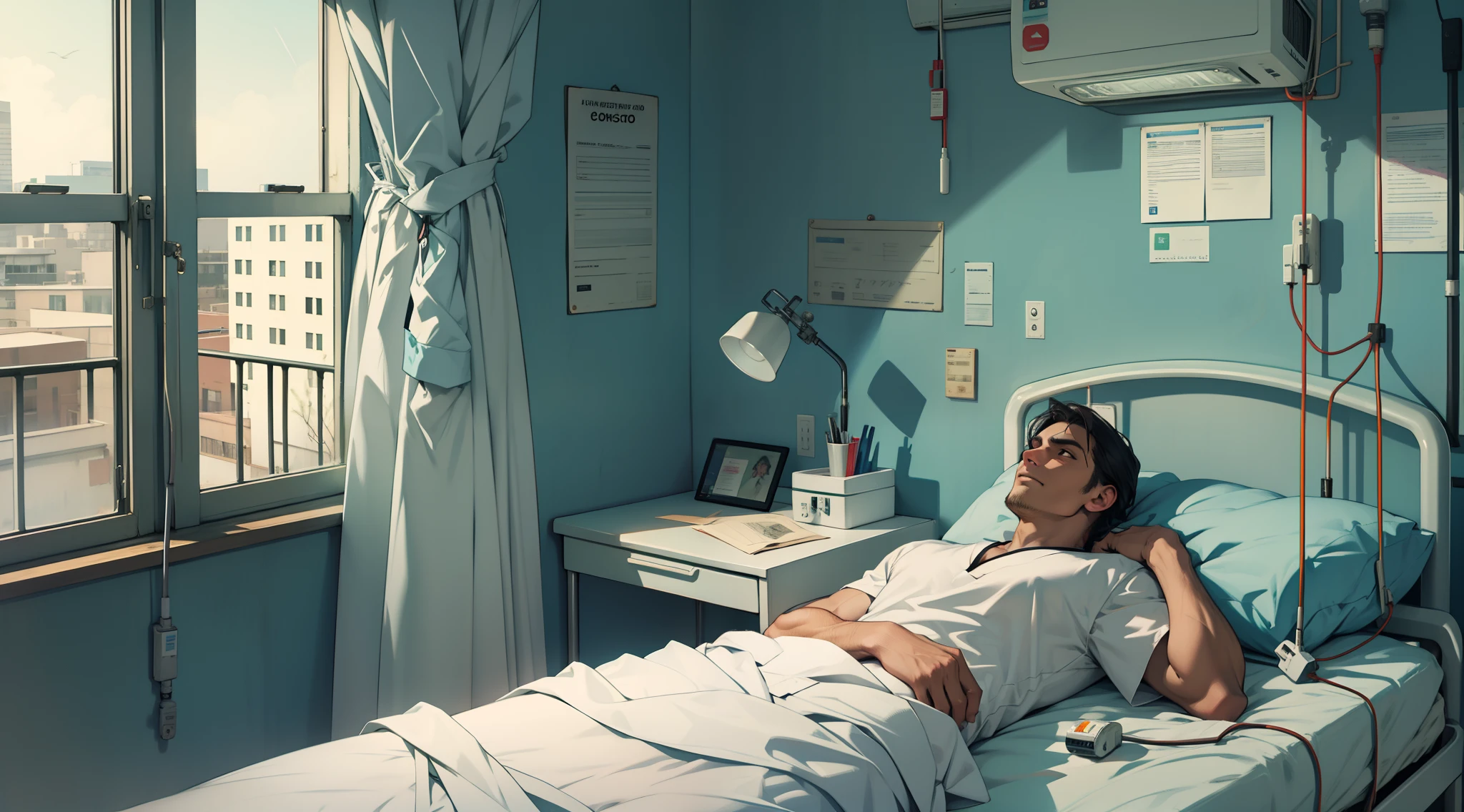 homem grisalho, bonito, hospital, dor no rosto