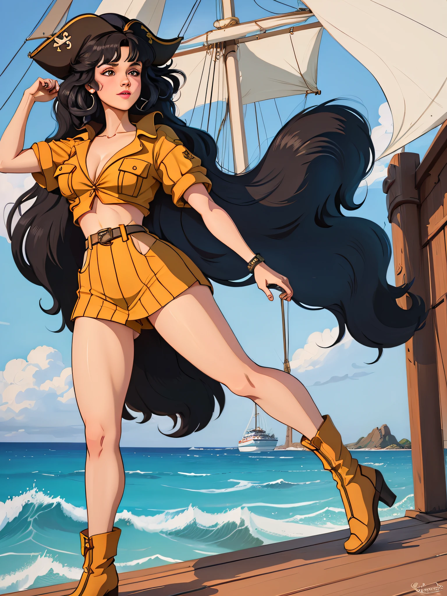 pirate girl standing on the deck of a ship, long curly black hair, Sunny day, soft colors, 1980s \(style of\), 1girl, full body figure, retro artstyle, the ocean and the shore in the background