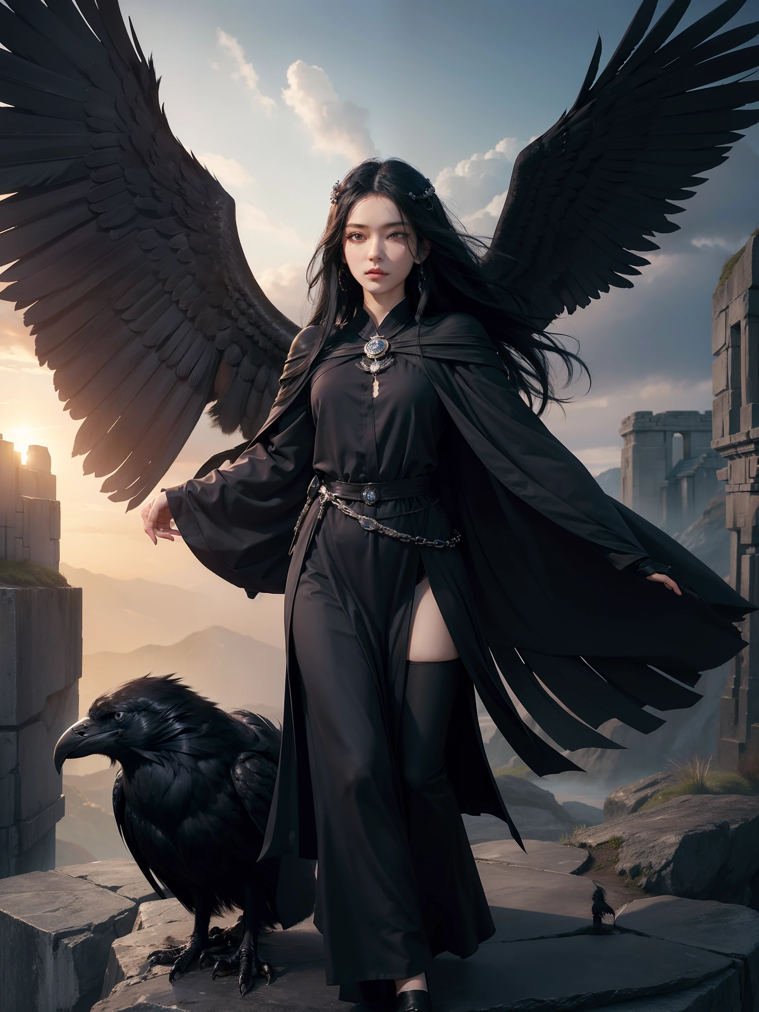 The goddess of mistrust, with jet-black hair, a large black raven by her side, exuding a dark aura, detailed face, detailed eyes, pallid skin, a robe that blends into the darkness, secluded temple atop a lonely mountain, shiny skin,detailed skin,an expression of mistrust, an aura of silence