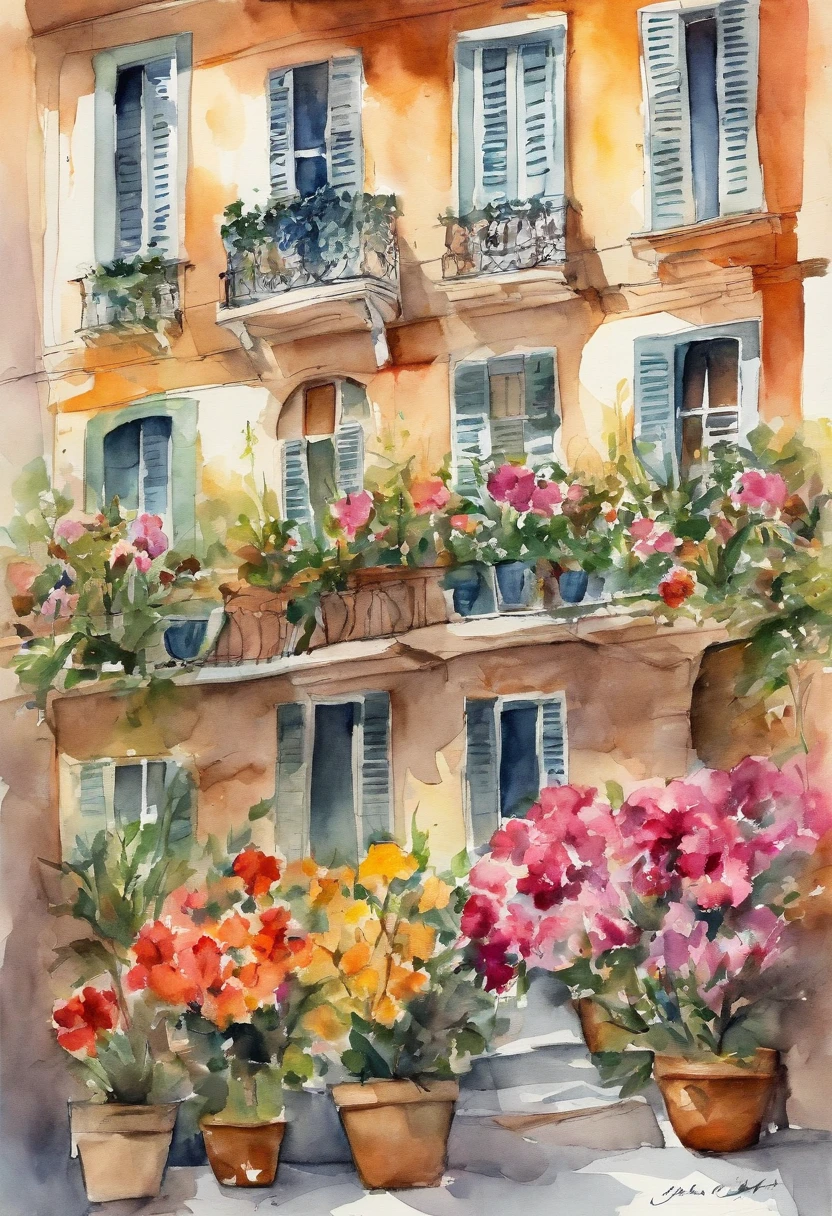 Carnation Street Art Illustration France, In the style of colorful cityscape, Quiet moments captured with paint, Wes Anderson, Raoul Dufy, Animated Illustration, Composition of trompe l'oeil, the panorama