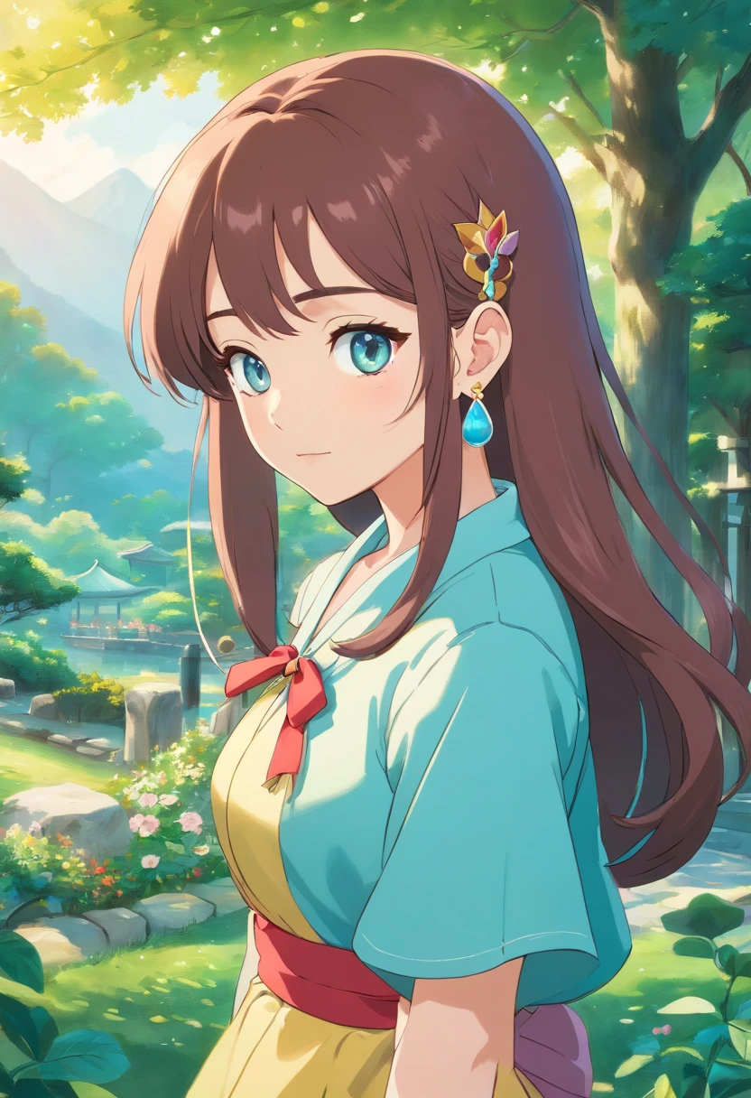 Girl in anime collar, long necklace and earrings, in the style of calm garden landscapes, Colorful animated footage, Masami Teraoka, aquamarine, Paul Gauguin, Embry Style, Honest image, (Uma musume pretty Derby), Quiet Suzuka, long brown hair, Cyan eyes, horse ears, horse's tail on the lower back, Random Pose