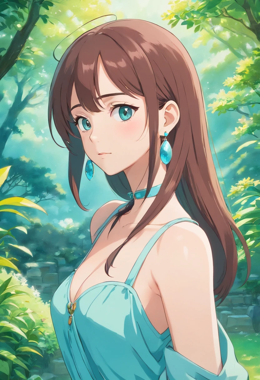 Girl in anime collar, long necklace and earrings, in the style of calm garden landscapes, Colorful animated footage, Masami Teraoka, aquamarine, Paul Gauguin, Embry Style, Honest image, (Uma musume pretty Derby), Quiet Suzuka, long brown hair, Cyan eyes, horse ears, horse's tail on the lower back, Random Pose