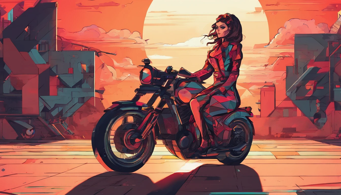 (nvinkpunk:1.2) (snthwve style:0.8) a girl on a motorcycle with a cool long dress on, anthro, lightwave, sunset, intricate, highly detailed