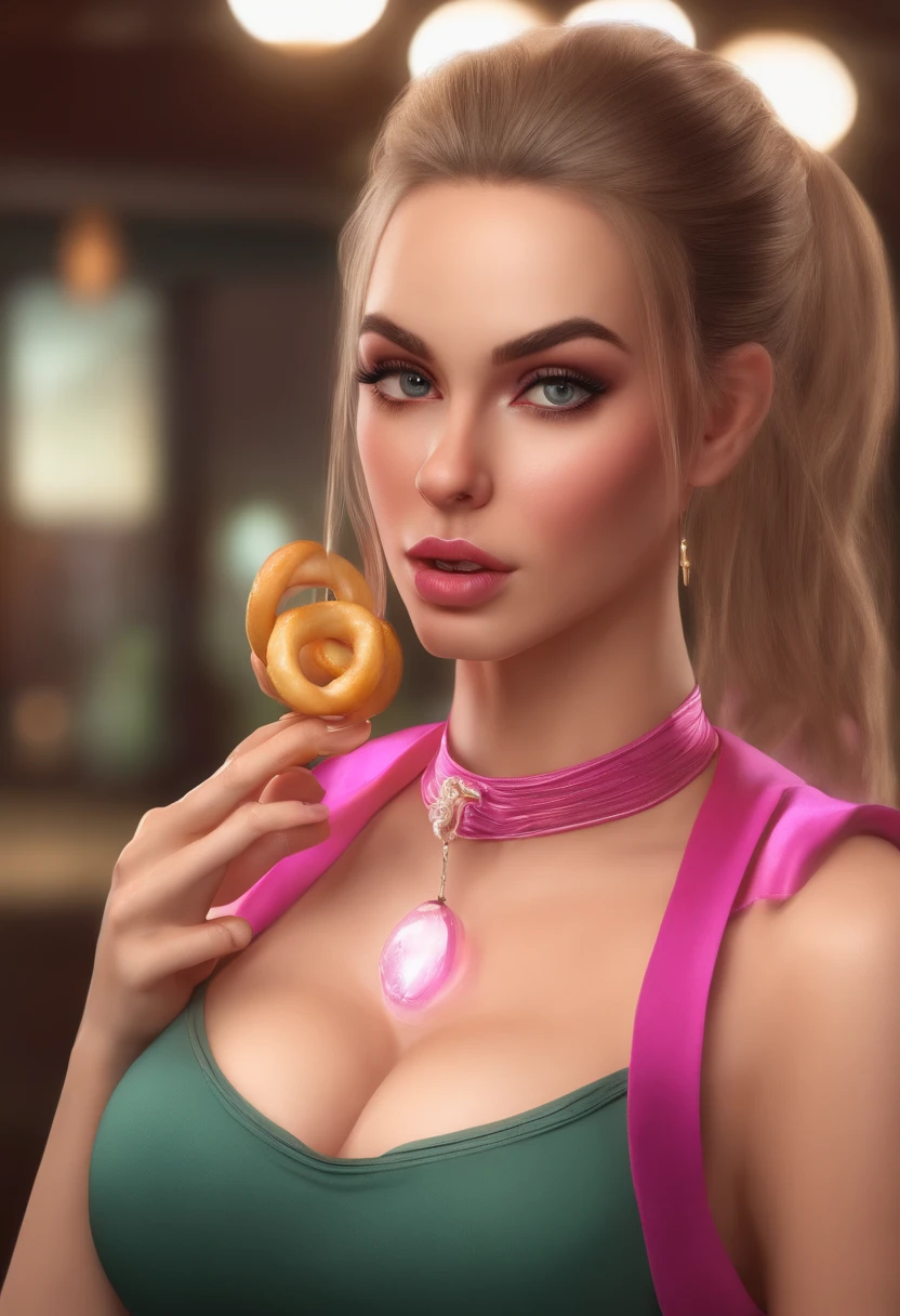 White girl, pony tail, large breasts, revealing pink shirt, standing, holding onion ring near mouth, facing viewer