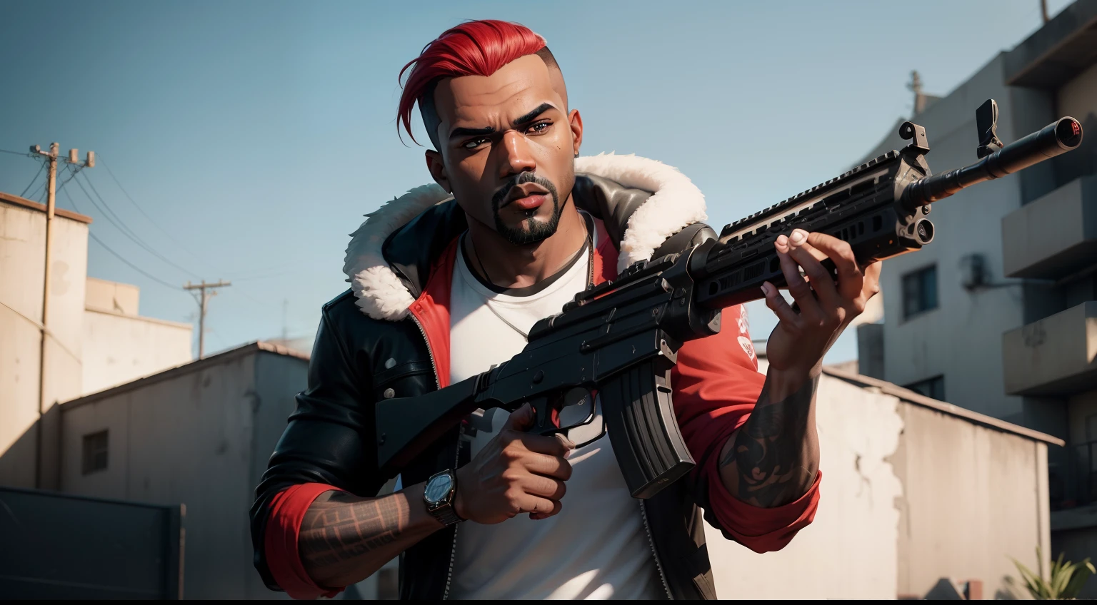There's a man , gta personagem, Como o protagonista de GTA 5, GTA V Estilo, como um personagem de gtav, corte de cabelo red,cabelo red,Kanye West em GTA v, Estilo GTA5, gta v personagem, empunhando fuzil de assalto,rifle in hand ,fuzil AK-47 ,gta 5 tom de pele negro,em favela estilo brasil