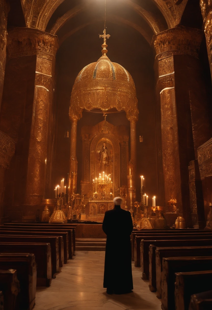 Archimandrite of the Russian Orthodox Church conducts a Sunday sermon in the temple on the surface of the asteroid Ceres