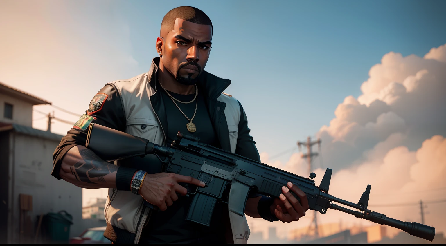 There's a man , gta personagem, Como o protagonista de GTA 5, GTA V Estilo, como um personagem de gtav, corte de cabelo red,cabelo red,Kanye West em GTA v, Estilo GTA5, gta v personagem, empunhando fuzil de assalto,rifle in hand ,fuzil AK-47 ,gta 5 tom de pele negro,em favela estilo brasil