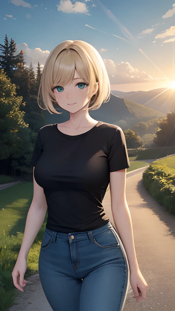 blue_sky, building, bush, cliff, cloud, cloudy_sky, day, forest, grass, horizon, house, jungle, lake, lens_flare, light_rays, mountain, nature, outdoors, path, pine_tree road, scenery, sky, sun, sunbeam, sunlight, sunset, tree, tree_shade, water, (Woman:1.4), blonde hair, (green eyes:1.2), tight jeans, black t-shirt, walking, short hair, solo, smiling, hands behind body