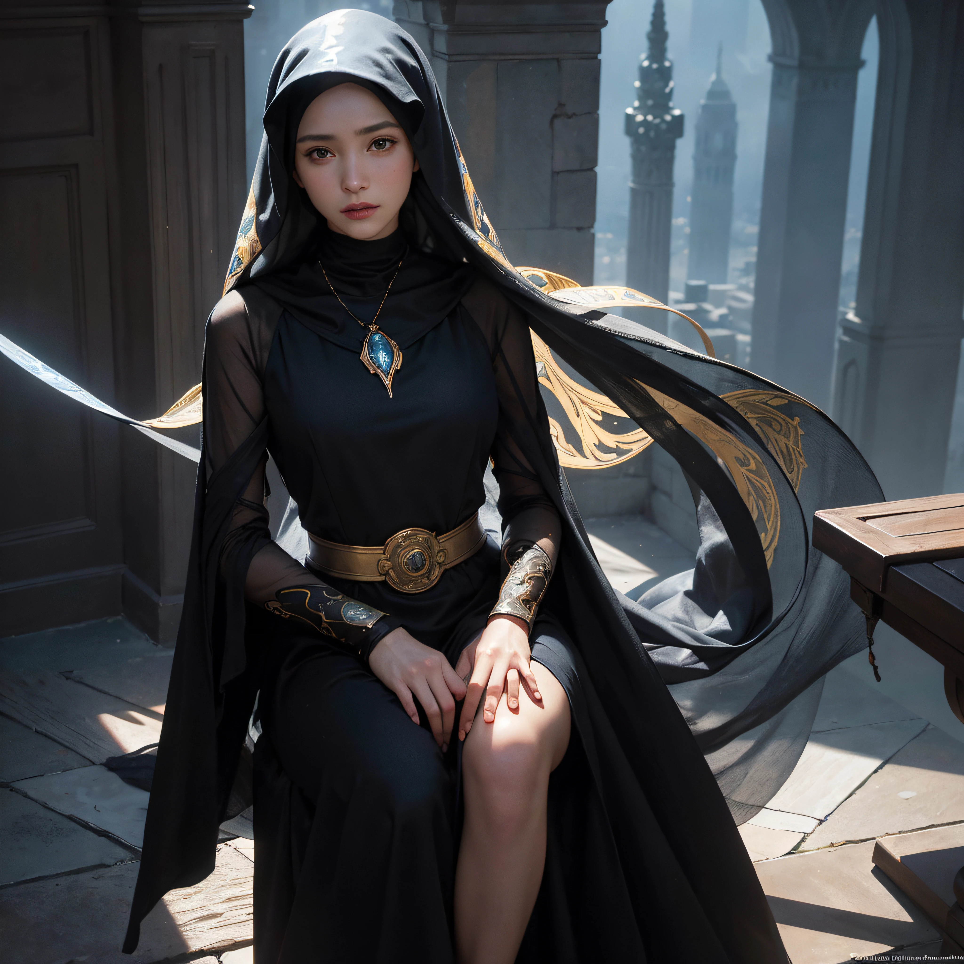(front focus), Hyperrealist portrait of female by david hockney and alphonse mucha, fantasy art, black hijab, photo realistic, dynamic lighting, artstation, poster, volumetric lighting, very detailed faces, 4 k, award winning, 1girl, in the tower of city, ray tracing, deep shadow, arabian.