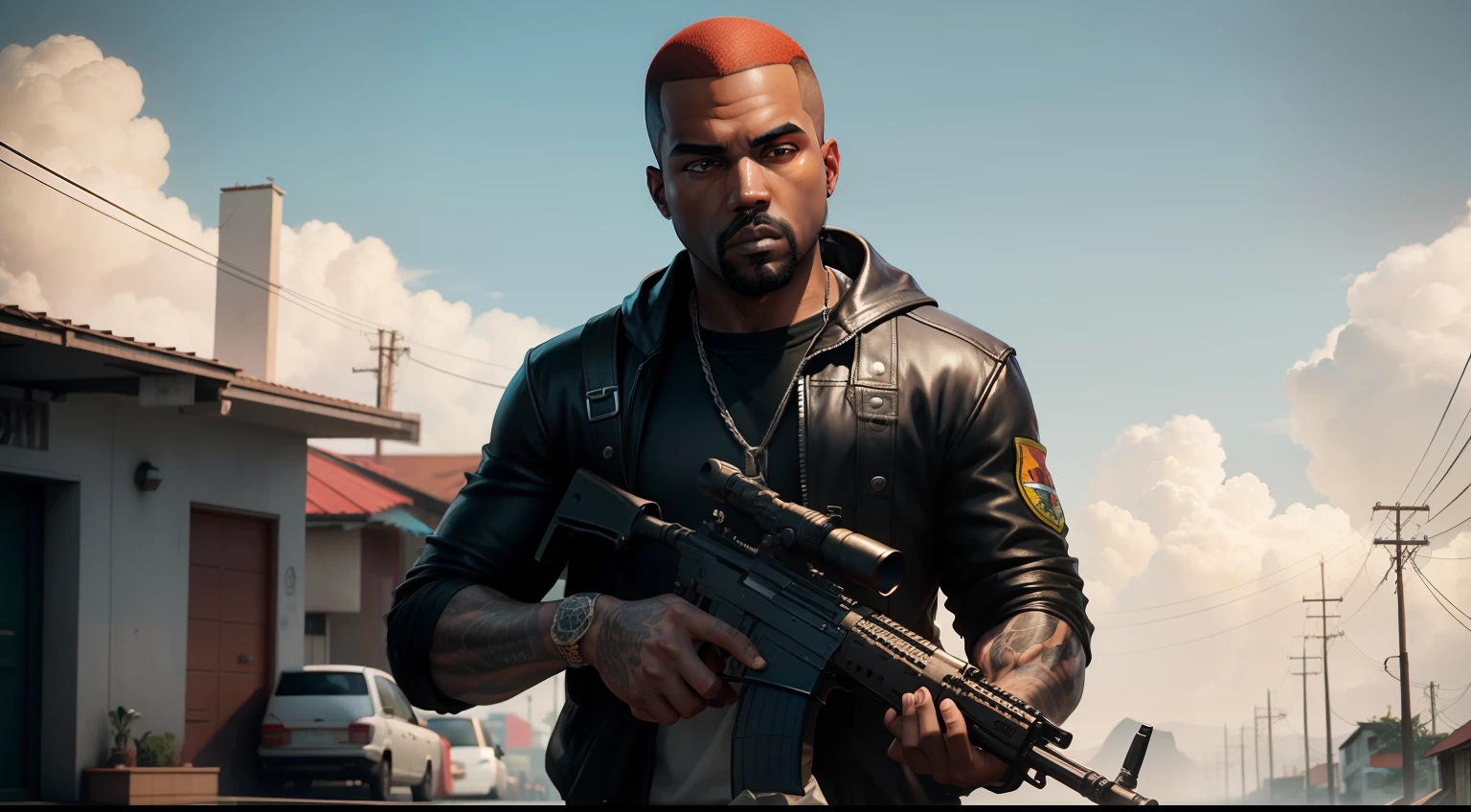 There's a man , gta personagem, Como o protagonista de GTA 5, GTA V Estilo, como um personagem de gtav, corte de cabelo red,cabelo red,Kanye West em GTA v, Estilo GTA5, gta v personagem, empunhando fuzil de assalto,rifle in hand ,fuzil AK-47 ,gta 5 tom de pele ?????,em favela estilo brasil