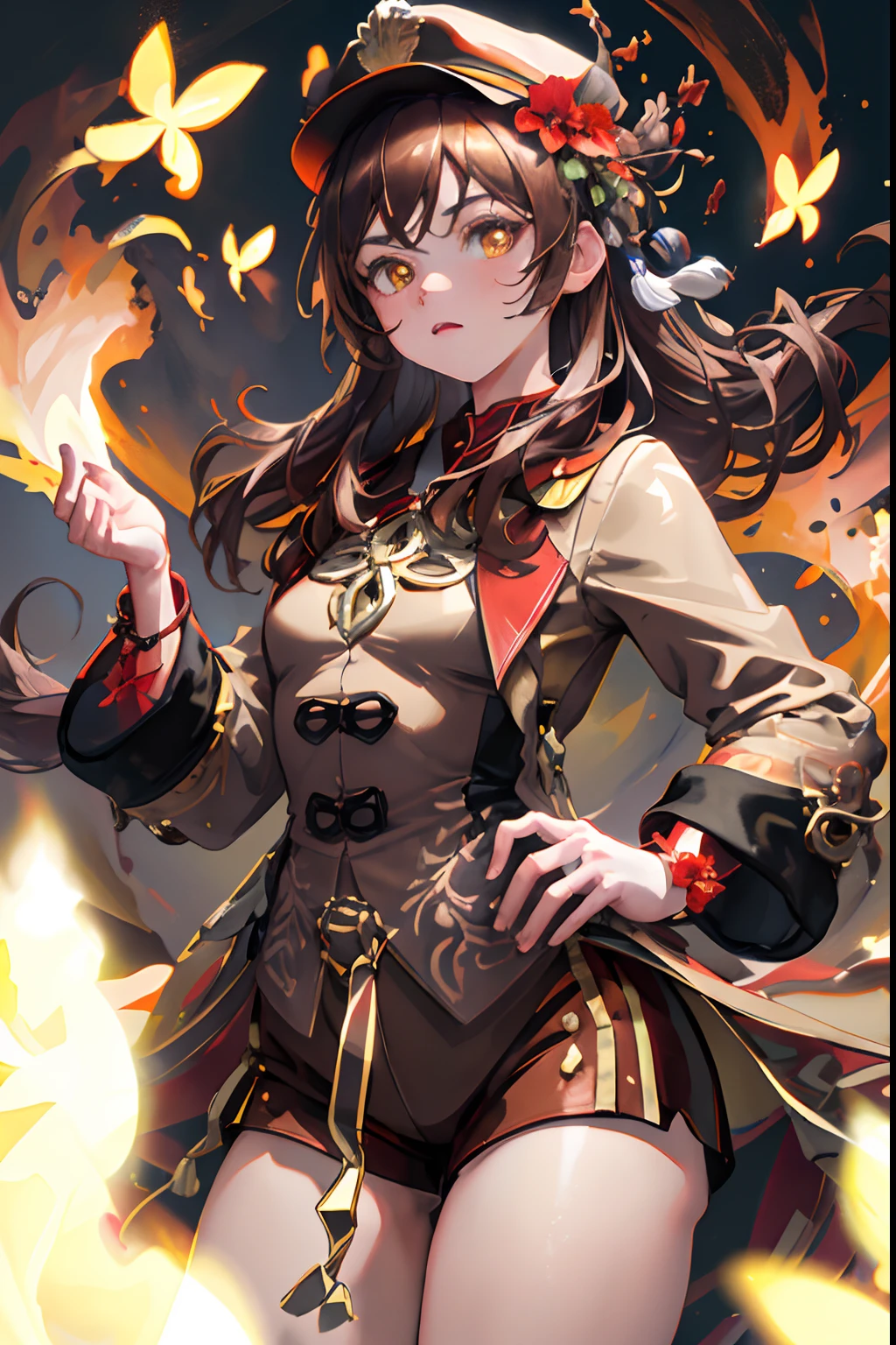 masterpiece, highest quality, realistic, subsurface scattering, chromatic lighting,

colorized, red + yellow + gold + black limited color palette, detailed concept drawing, line-art, illustration,

1 girl solo, brown jacket, brown shorts, white socks, long brown hair, bworn hat with red flowers, dynamic pose, glowing fire butterflies, glowing fire flowers