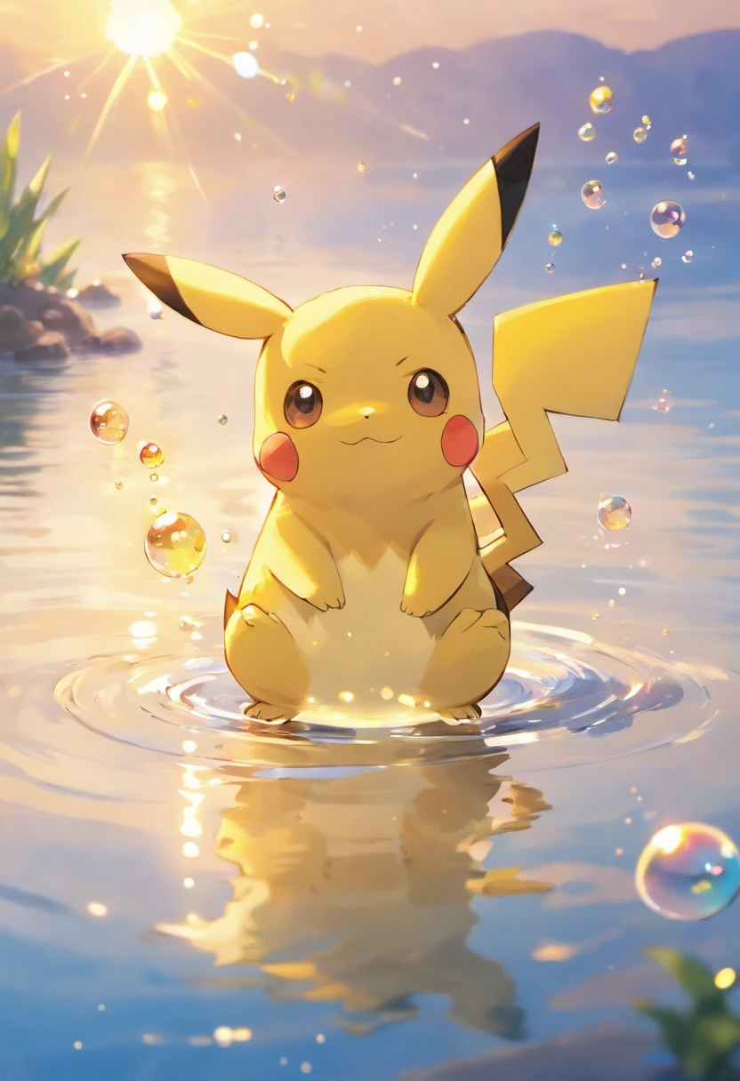 An inspiring scene in ultra-high definition 3D showing Pikachu making a wish on the shore of a tranquil lake. Pikachu, Beautifully rendered down to the smallest detail, Bubbles are seen gently blowing into the air, Each has a hopeful wish. Bubbles capture the reflection of the setting sun, Dreamy creation, magical effect. The overall atmosphere is soft, Full of hope and tranquility