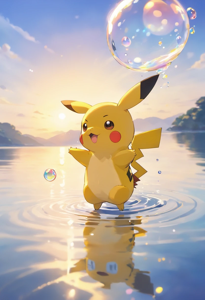 An inspiring scene in ultra-high definition 3D showing Pikachu making a wish on the shore of a tranquil lake. Pikachu, Beautifully rendered down to the smallest detail, Bubbles are seen gently blowing into the air, Each has a hopeful wish. Bubbles capture the reflection of the setting sun, Dreamy creation, magical effect. The overall atmosphere is soft, Full of hope and tranquility