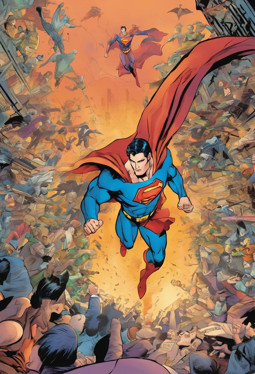 American comics, the comic story is presented in multiple irregular panels with color. superman vs batman fight in Peach Momoko style. The style is exaggerated and detailed