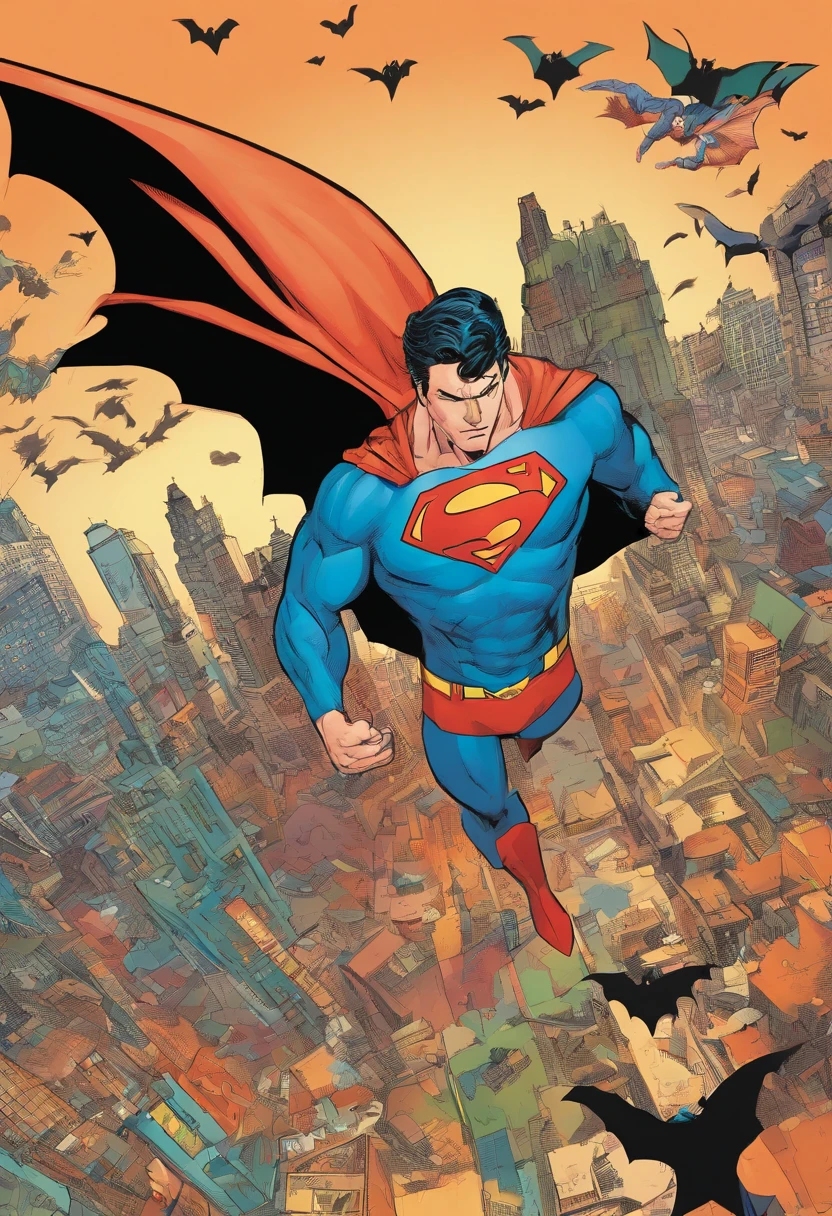American comics, the comic story is presented in multiple irregular panels with color. superman vs batman fight in Peach Momoko style. The style is exaggerated and detailed