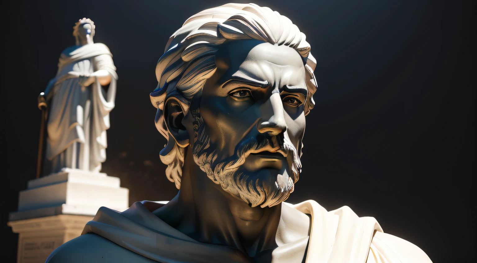 Full body statue of a man with beard and a shawl, eStoic face, divino e estoico, estoico and calm, Estoicismo, eStoic facial expression, stoic, Stoic attitude, Retrato de Zeus acidentado, an ancient greek statue, greco roman statue, Pose estoica, inspired by Nicomachus of Thebes