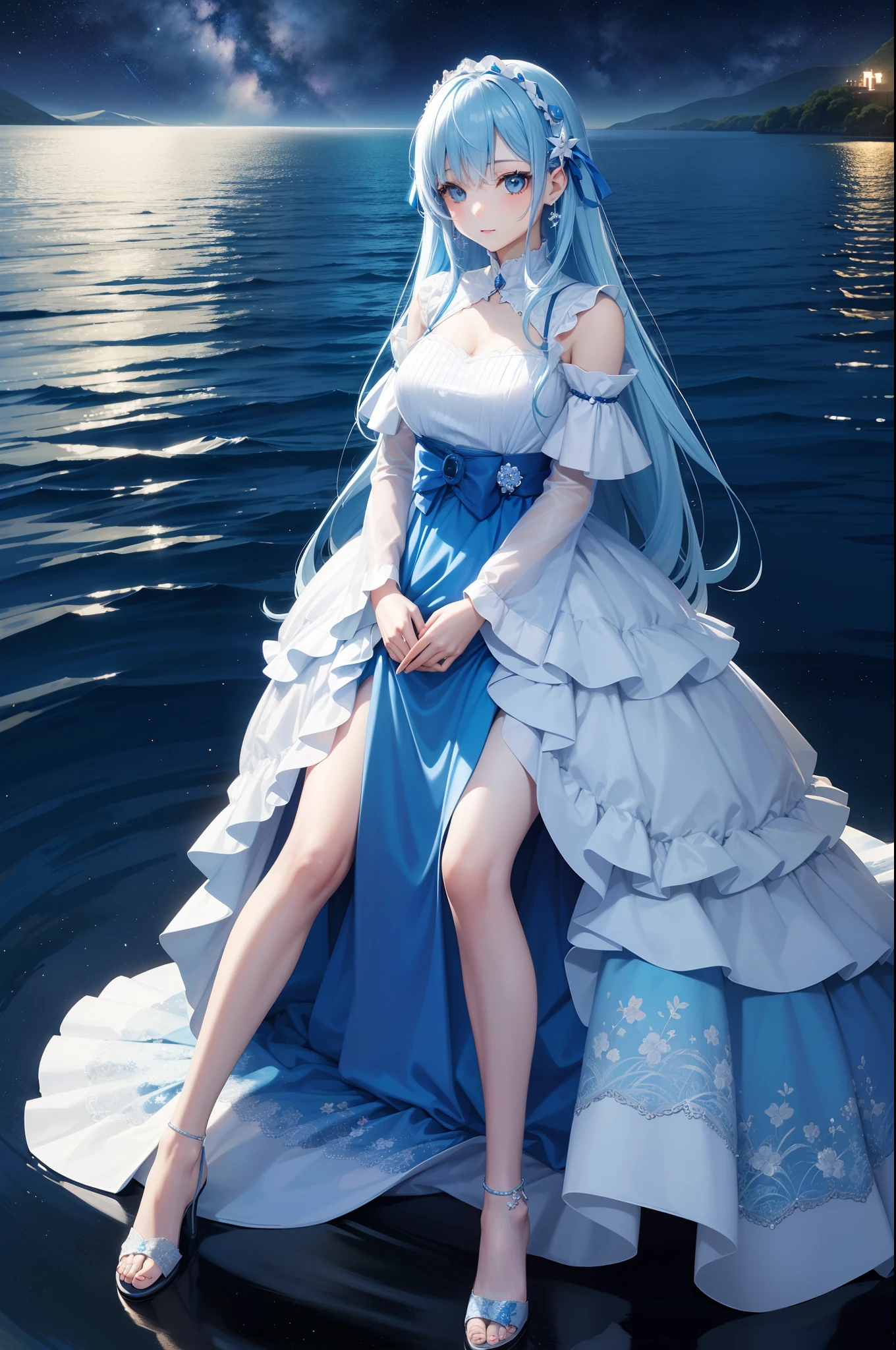 Pretty girl、4K、 masutepiece , sky blue hair , Amazing dress in blue, Light blue eyes , Night , Starry sky, Lake water, Full body portrait , Face Highlights, Auto Adjust, Optimize image quality
