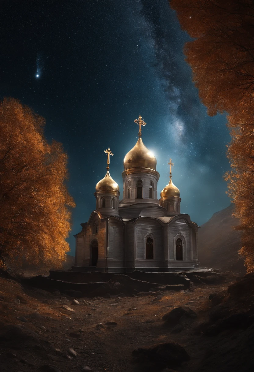 Russian Orthodox church on the surface of the asteroid Ceres, Deep space, gloom, a starry sky, The Abyss of Space, Asteroid surface. photo realism.