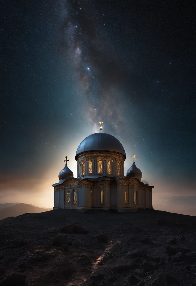 Russian Orthodox church on the surface of the asteroid Ceres, Deep space, gloom, a starry sky, The Abyss of Space, Asteroid surface. photo realism.