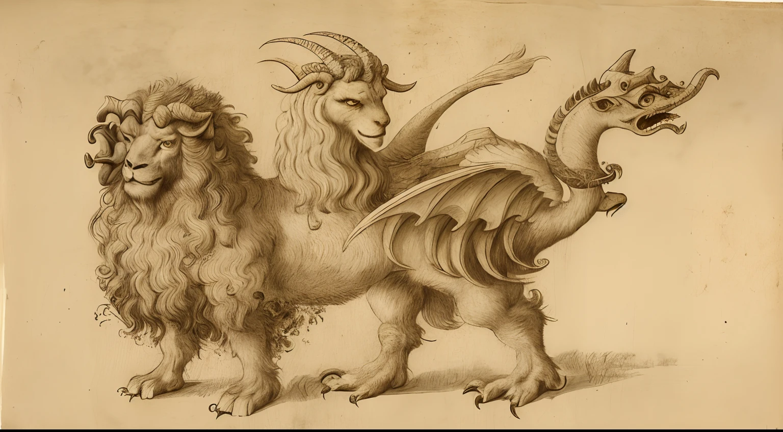 arafed drawing of a goat and a lion with a bird on its back, manticore, medieval demons, chimera, mythical whimsical creatures, medieval bestiary, by Pisanello, mythical creatures, by Giovanni Francesco Barbieri, draconians, by Caspar Netscher, by Karel van Mander, by Adriaen Hanneman
