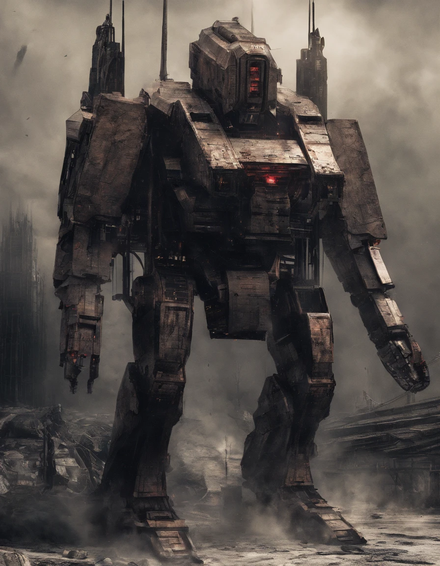 photo, aerial view, battletech style giant [ robot : full plate armor knight : 0.3 ] ), rounded shapes, (crimson blood color and gold vivid colors:1.5), chromed metal, background: spacious spaceship hangar, dramatic fire and smoke, (masterpiece), sci-fi art