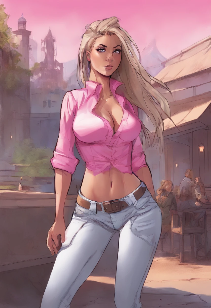 White girl, pony tail, very large breasts, revealing pink shirt, jeans, full body shot, standing, facing viewer, provocative