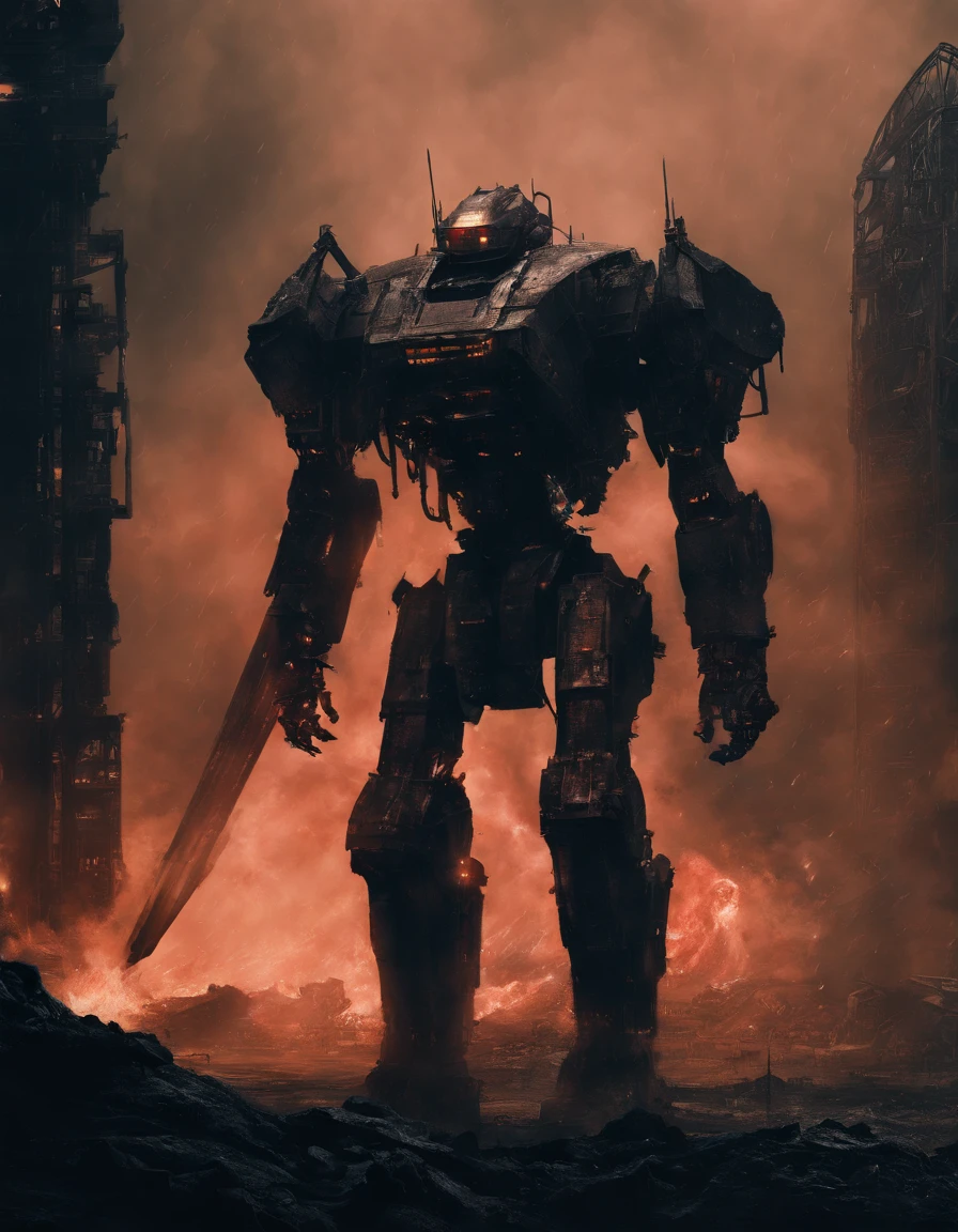 photo, aerial view, battletech style giant [ robot : full plate armor knight : 0.7 ] ), rounded shapes, (crimson blood color and gold vivid colors:1.5), chromed metal, background: spacious spaceship hangar, dramatic fire and smoke, (masterpiece), sci-fi art